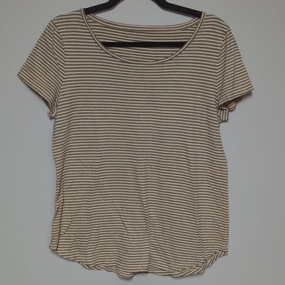 Ann Taylor Factory Tan and Black Striped Short Sleeve Shirt - Picture 1 of 4